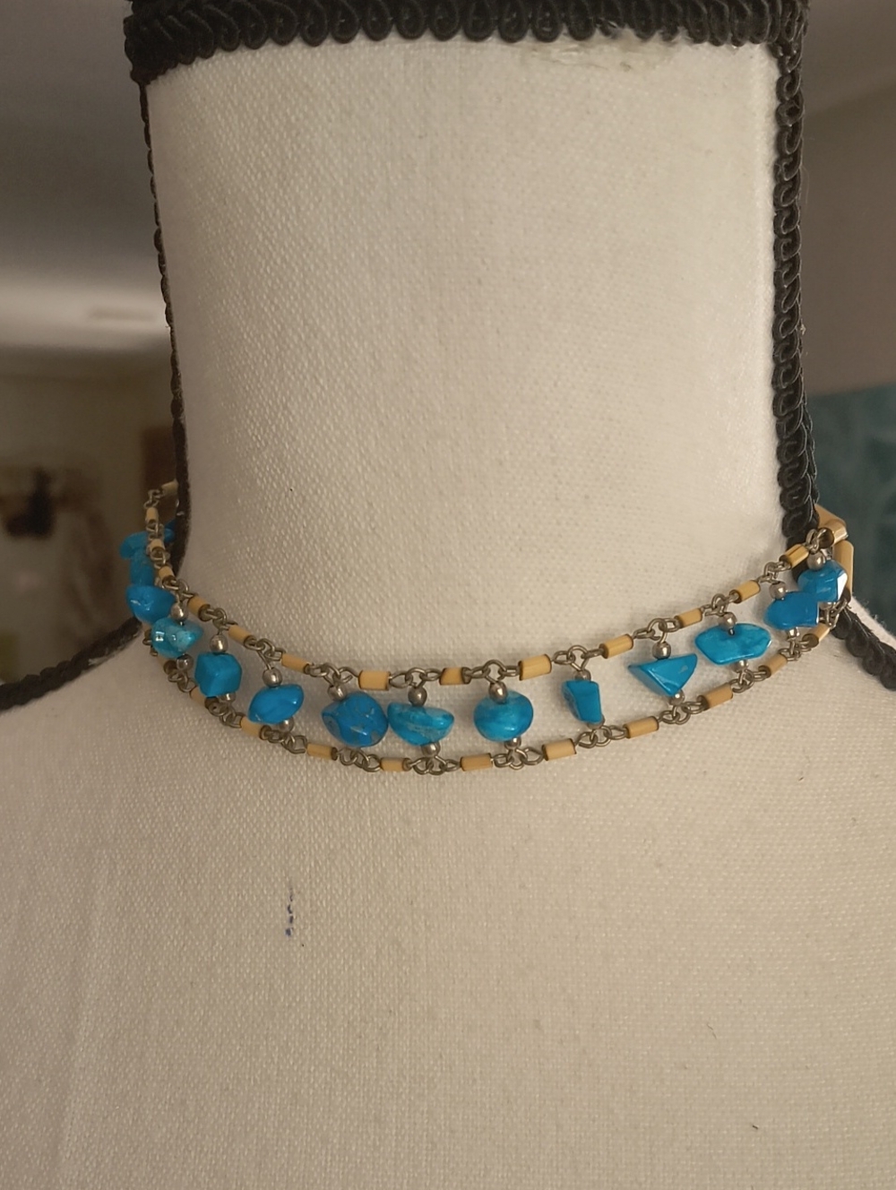 Turquoise Bead Double Strand Choker Necklace - Unbranded